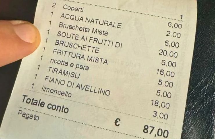 Scontrino del ristorante in Costiera Amalfitana