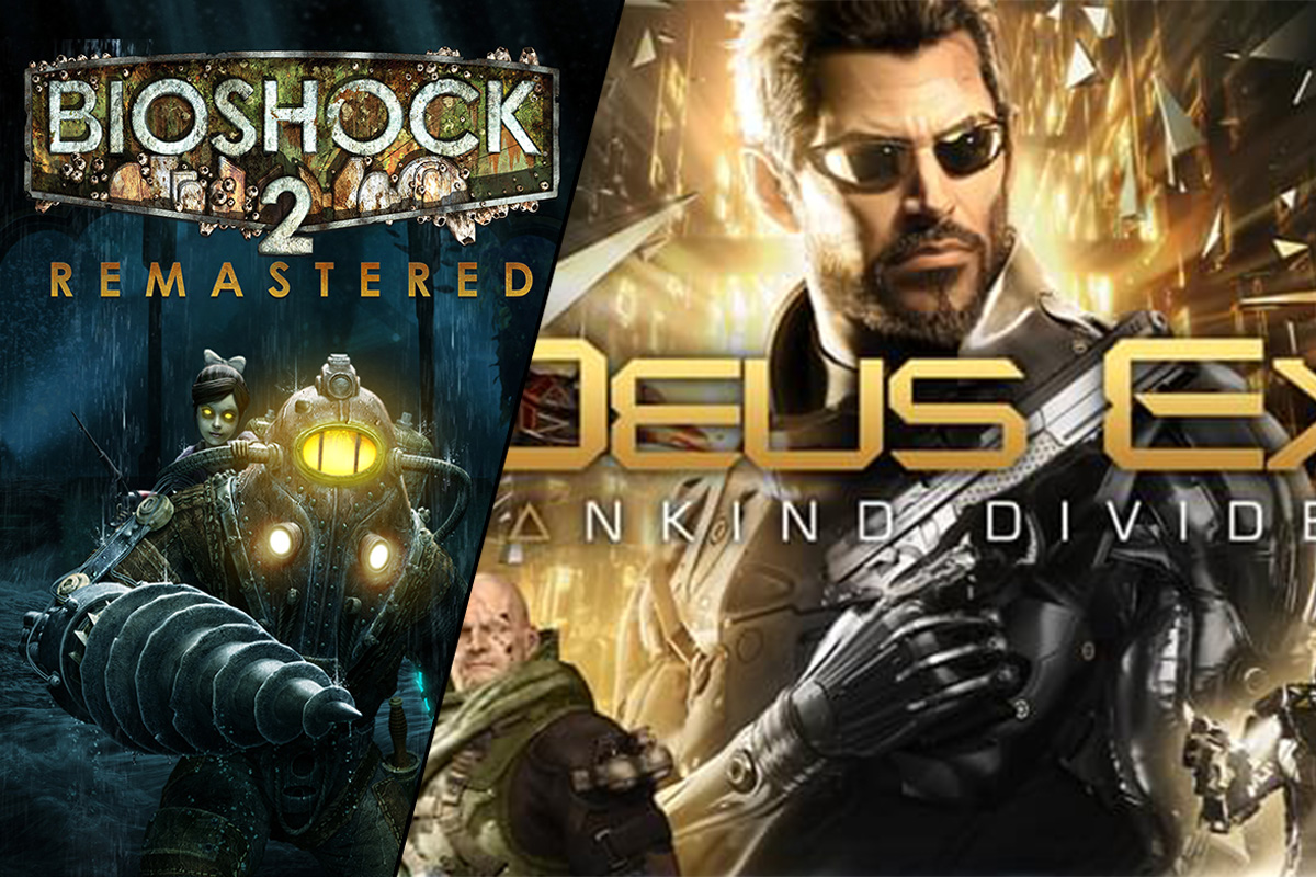 L'immagine promuove due celebri videogiochi: "Bioshock 2 Remastered", con l'iconico Big Daddy e una Little Sister in un ambiente oscuro e sottomarino, e "Deus Ex: Mankind Divided", con il protagonista Adam Jensen in posa con uno sfondo futuristico dorato.