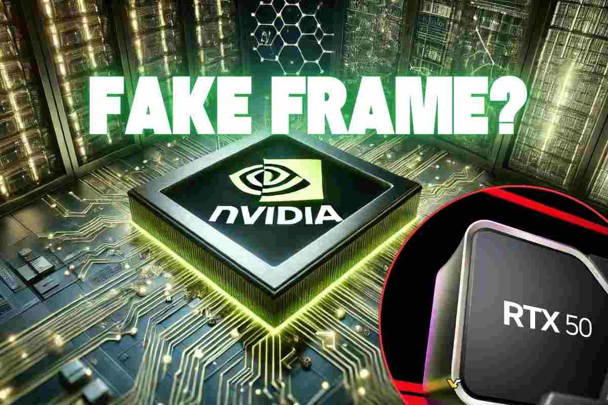 Processore NVIDIA su una scheda madre illuminata, con il testo "FAKE FRAME?" e un chip "RTX 50" nell'angolo